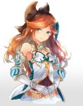  1girl alternate_color alternate_costume aqua_eyes armor bare_shoulders belt black_headband breasts choker collar cosplay gauntlets gem godguard_brodia godguard_brodia_(cosplay) granblue_fantasy hair_ornament hair_ribbon headband long_hair looking_to_the_side orange_hair ribbon sara_(granblue_fantasy) satsumi skirt small_breasts smile solo wavy_hair 