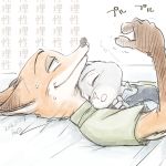  1:1 2016 anthro bodily_fluids canid canine clothed clothing cuddling disney duo eyes_closed fox fur grey_body grey_fur japanese_text judy_hopps lagomorph leporid lying mammal nick_wilde on_back rabbit red_fox sagara_shino shirt sleeping smile sweat sweatdrop text topwear zootopia 