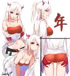  1girl arknights ass bandeau bare_shoulders bent_over breasts cleavage commentary_request earrings highres horns jacket jewelry leria_v long_hair looking_at_viewer medium_breasts midriff multiple_views navel nian_(arknights) off_shoulder panties pointy_ears ponytail profile red_panties shorts tongue tongue_out underwear white_background white_hair white_jacket 
