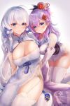  2girls absurdres azur_lane bangs bare_shoulders blue_eyes blush breasts china_dress chinese_clothes cleavage cleavage_cutout closed_mouth dress eyebrows_visible_through_hair garter_straps gradient gradient_background hair_between_eyes hair_ornament highres illustrious_(azur_lane) large_breasts light_smile long_hair looking_at_viewer medium_breasts mikazukicrescent multiple_girls purple_hair simple_background skindentation sleeves smile thick_thighs thighhighs thighs tied_hair unicorn_(azur_lane) white_hair 