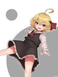  1girl :d ahoge black_dress blonde_hair dated dress eyebrows_visible_through_hair hair_ribbon haryu_moe highres open_mouth outline outstretched_arms red_eyes red_ribbon ribbon rumia short_hair simple_background smile spread_arms standing touhou white_background white_outline 