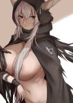  1girl areolae arknights arm_wrap bangs black_cape breasts brown_eyes cape commentary_request eyebrows_visible_through_hair groin hair_censor highres hood hooded_cape horns large_breasts long_hair looking_at_viewer naked_cape navel out-of-frame_censoring shining_(arknights) silver_hair solo stomach uchisukui upper_body white_background 