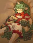  1girl animal animal_ears bangs buttons closed_eyes closed_mouth cloud_print curly_hair green_hair horn kariyushi_shirt komainu komano_aun long_hair reclining red_shirt shiratama_(irodoli) shirt short_sleeves shorts sleeping solo touhou very_long_hair white_shorts 