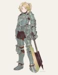  armor artist_name axe bangs blade blonde_hair blue_eyes character_request closed_mouth collar copyright_request cuirass full_armor gloves grey_background hair_ornament holding holding_axe holding_weapon knee_pads knight looking_at_viewer nanora original ponytail simple_background solo standing turtleneck weapon 