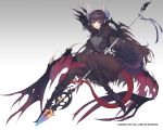  armor breasts brown_eyes brown_hair cleavage demon dress elbow_gloves gloves gradient horns long_hair original pantyhose rodway spear succubus tail weapon wings 