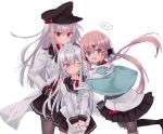  3girls belt black_belt black_bow black_headwear black_skirt blue_eyes blue_shawl blush bow breasts brown_hair eyebrows_visible_through_hair facial_scar fingerless_gloves flat_cap gangut_(kantai_collection) gloves grey_hair hair_between_eyes hair_bow hair_ornament hairclip hat hibiki_(kantai_collection) jacket kantai_collection long_hair long_sleeves looking_at_viewer low_twintails military multiple_girls nemuri_nemu one_eye_closed open_mouth peaked_cap pleated_skirt red_shirt remodel_(kantai_collection) scar scar_on_cheek scarf school_uniform serafuku shawl shirt silver_hair simple_background skirt smile star tashkent_(kantai_collection) torn_scarf twintails untucked_shirt verniy_(kantai_collection) white_background white_jacket white_scarf 