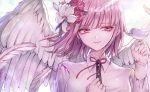  1girl angel_wings animal bangs bird breasts commentary_request danganronpa eyebrows_visible_through_hair feathered_wings flower hair_flower hair_ornament large_breasts nanami_chiaki pink_eyes pink_hair pink_ribbon red_flower red_rose ribbon rose short_hair smile solo super_danganronpa_2 white_flower wings z-epto_(chat-noir86) 