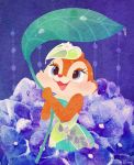  anthro blue_eyes blush chipmunk cla321rice clarice_(disney) clothed clothing disney dress eyelashes female fur ground_squirrel holding_object leaf mammal open_mouth open_smile raining red_nose rodent sciurid simple_background smile tan_body tan_fur umbrella 