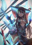  1girl artist_request bangs bare_shoulders black_dress black_gloves black_headwear black_legwear blue_eyes blue_fire blunt_bangs breasts center_opening covered_navel dress elbow_gloves fate/grand_order fate_(series) fire floral_print flute gloves gradient gradient_background hair_ornament halo hands_up highres instrument large_breasts leaf_hair_ornament long_hair looking_at_viewer open_mouth pipa_(instrument) purple_hair sash smile solo thighhighs thighs very_long_hair yang_guifei_(fate/grand_order) 
