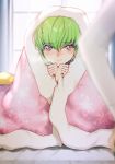  1girl blanket blanket_hug blurry blurry_background blush c.c. code_geass creayus floral_print green_hair out_of_frame quilt tearing_up window yellow_eyes 