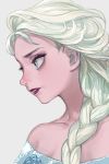  1girl bare_shoulders blonde_hair blue_eyes braid dress elsa_(frozen) frozen_(disney) hair_over_shoulder hankuri lipstick long_hair makeup simple_background single_braid solo 