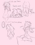  blouse clock clothed clothing dress english_text girly hi_res horn humanoid imp jarnqk long_ears luqi_(jarnqk) male open_mouth shaky_legs short_stack sketch solo text tired yawn 
