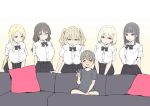  1boy 5girls :&gt; :q =_= age_difference bangs black_hair black_neckwear black_skirt blonde_hair blue_eyes bow bowtie breasts brown_eyes commentary couch dress_shirt eyebrows_visible_through_hair facing_viewer glasses green_eyes grey_hair hair_between_eyes hair_ornament hairclip highres large_breasts leaning_forward long_hair looking_at_another meme multiple_girls original parody parted_lips pillow piper_perri_surrounded pleated_skirt purple_eyes shirt short_hair short_sleeves sitting skirt sky_(freedom) smile tented_shirt tongue tongue_out twintails v very_long_hair white_shirt you_gonna_get_raped 