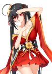  1girl absurdres ahoge azur_lane bangs bare_thighs black_hair blush breasts cleavage collarbone commentary_request cowboy_shot crossed_bangs eyebrows_visible_through_hair hair_between_eyes hair_ribbon hand_on_own_chest hand_over_face head_tilt highres japanese_clothes kimono large_breasts long_hair looking_at_viewer mask mask_on_head obi obijime off-shoulder_kimono parted_lips red_eyes red_kimono red_ribbon ribbon sash short_kimono simple_background smile solo standing striped striped_ribbon taihou_(azur_lane) tming twintails very_long_hair white_background wide_sleeves 