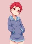  1girl closed_mouth dress hands_in_pockets highres hood hoodie hourai_kochou kumatora looking_at_viewer mother_(game) mother_3 overalls pink_hair red_eyes red_hair short_hair simple_background solo 