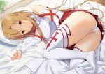  1girl ass asuna_(sao) bangs banned_artist bed_sheet blush braid breastplate brown_eyes brown_hair closed_mouth detached_sleeves indoors long_hair long_sleeves lying miniskirt n.g. on_bed on_side panties pantyshot pantyshot_(lying) pillow pleated_skirt red_skirt skirt smile sword_art_online thighhighs underwear upskirt white_legwear white_panties 