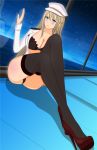  black_bra black_legwear blue_eyes bra breasts cleavage feather_hair_ornament hat high_heels highres large_breasts lexington_(warship_girls_r) lieyan_huangzi long_hair platinum_blonde_hair red_footwear shirt underwear warship_girls_r white_shirt 