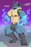  abs anthro bulge clothed clothing genital_outline genitals glowing_fists hi_res humanoid_penis looking_at_viewer lucario male muscular muscular_male navel nintendo partial_nudity penis penis_outline pok&eacute;mon pok&eacute;mon_(species) purple_background simple_background solo speedo swimwear sxfpantera topless video_games 