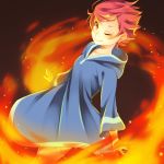  1girl breasts brown_eyes closed_mouth dress fire highres hood hoodie kumatora looking_at_viewer magic mother_(game) mother_3 one_eye_closed overalls pink_hair shifumame short_hair simple_background smile solo spiked_hair 