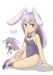  1girl :o animal_ears bare_shoulders bow bowtie breasts bunny_ears bunny_girl bunnysuit character_name chibi commentary detached_collar erina_(rabi-ribi) eyebrows_visible_through_hair highres ike_rakune leotard long_hair looking_at_viewer multiple_views purple_eyes purple_hair purple_legwear purple_leotard rabi-ribi red_neckwear shoes simple_background single_thighhigh sitting small_breasts thighhighs very_long_hair white_background white_legwear wrist_cuffs yokozuwari 