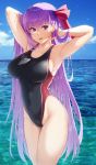  1girl :d armpits arms_up bangs bare_hips bb_(fate)_(all) bb_(fate/extra_ccc) black_swimsuit blue_sky blurry blurry_background blush breasts cloud collarbone competition_swimsuit cowboy_shot day depth_of_field eyebrows_visible_through_hair fate/grand_order fate_(series) groin hair_ribbon happymonk highleg highleg_swimsuit highres large_breasts looking_at_viewer ocean one-piece_swimsuit open_mouth outdoors pink_ribbon purple_eyes purple_hair ribbon sky smile solo sparkle straight_hair swimsuit thighs water wet 