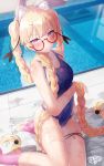  1girl bangs bare_shoulders blonde_hair blue_swimsuit blush braid breasts collarbone competition_swimsuit covered_navel girls_frontline glasses highres long_hair looking_at_viewer medium_breasts one-piece_swimsuit purple_eyes shirosaba solo sr-3mp_(girls_frontline) swimsuit twin_braids very_long_hair 