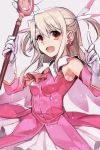  1girl breasts earrings elbow_gloves fate/kaleid_liner_prisma_illya fate_(series) feathers gloves hair_feathers hankuri holding illyasviel_von_einzbern jewelry long_hair looking_at_viewer magical_girl open_mouth prisma_illya red_eyes simple_background smile solo white_gloves 