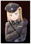  1girl absurdres blonde_hair blue_eyes commentary germany gloves hat highres iron_cross long_hair military military_hat military_uniform nazi original peaked_cap side_ponytail solo ss_insignia swastika totenkopf unicron_(brous) uniform upper_body world_war_ii 