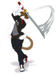  2020 5_fingers anthro clothed clothing digital_media_(artwork) domestic_cat felid feline felis fingers footwear holding_object holding_sword holding_weapon kittydee male mammal melee_weapon shoes simple_background solo sword weapon white_background 