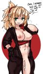  1girl absurdres black_gloves blonde_hair breasts breasts_outside cleavage english_text fate/apocrypha fate/grand_order fate_(series) flaccid full-length_zipper futanari gloves green_eyes hair_ornament hair_scrunchie highres hot huge_penis looking_at_viewer medium_breasts medium_hair mordred_(fate)_(all) navel nipples no_panties penis ponytail red_scrunchie scrunchie sleeves_pushed_up solo speech_bubble strapless sweat sweating_profusely tubetop tubetop_pull unzipped veins veiny_penis when_you_see_it wiping_face you_gonna_get_raped zana zipper 