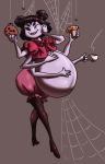  6_eyes anthro arachnid arthropod belly big_belly black_hair clothing female food hair hand_on_face muffet multi_arm multi_eye multi_limb overweight purple_body purple_skin ribbons simple_background solo spider spider_web stuffing undertale unknown_artist video_games 