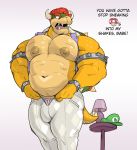  anthro bowser clothed clothing dialogue dressing english_text hat headgear headwear koopa luigi_hat male mario_bros musclegut muscular muscular_male navel nintendo partial_nudity scalie simple_background solo sxfpantera text topless unamused video_games white_background 