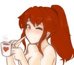  1girl anna_(fire_emblem) blush breasts cup fire_emblem fire_emblem_awakening fire_emblem_fates fire_emblem_heroes heart looking_at_viewer mug nude one_eye_closed ponytail portrait red_eyes red_hair smile solo source_request transparent_background tridisart 