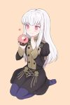  1girl :t akina_(akn_646) bangs black_dress blush brown_background closed_mouth commentary dress eating eyebrows_visible_through_hair fire_emblem fire_emblem:_three_houses food food_on_face full_body garreg_mach_monastery_uniform heart holding holding_food juliet_sleeves long_hair long_sleeves lysithea_von_ordelia pantyhose puffy_sleeves purple_legwear red_eyes simple_background sitting smile soles solo very_long_hair wariza white_hair 