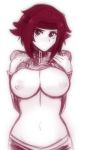  1girl areolae bandana blush breasts code_geass eye_contact flashing headband highres kallen_stadtfeld large_breasts looking_at_another looking_at_viewer monochrome_background navel nipples partially_undressed red_hair short_hair simple_background tridis tridisart 
