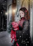  1girl blurry blurry_background brown_eyes brown_hair dated fingerless_gloves gloves hairband highres long_hair night original outdoors signature snowing solo standing stuffed_animal stuffed_toy wide_sleeves zyl 