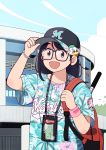  1girl 49s-aragon absurdres backpack bag baseball_cap black_hair blue_sky blush bracelet building cloud cloudy_sky freckles glasses hat highres jewelry lanyard long_hair looking_at_viewer open_mouth original outdoors print_shirt red_backpack shirt short_sleeves sky smile solo upper_body 