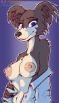  2020 anthro beastars black_nose blue_eyes breasts brown_body brown_fur canid canine canis creamyowl evilymasterful female fur hi_res juno_(beastars) mammal multicolored_body multicolored_fur navel nipples simple_background snout solo two_tone_body two_tone_fur white_body white_fur wolf 