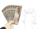  1boy artist_self-insert facing_another holding_money looking_at_another money money_hold monochrome_background open_mouth original simple_background surprised sweat sweating_profusely tridis tridisart white_background yen 