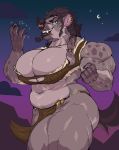  anthro big_biceps big_breasts bra breasts cleavage clothed clothing ear_piercing facial_piercing female hi_res hyaenid lip_piercing loincloth looking_at_viewer mammal musclegut muscular muscular_female navel piercing solo spotted_hyena sxfpantera thick_thighs underwear 