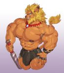  abs anthro bottomwear bulge clothing digimon digimon_(species) ear_piercing jewelry leomon looking_at_viewer male melee_weapon muscular muscular_male navel necklace nipple_piercing nipples piercing shorts simple_background solo sword sxfpantera weapon white_background 