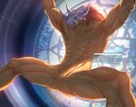  abs anthro armor barazoku digimon digimon_(species) digital_media_(artwork) dragon hair headgear helmet hi_res inkudoragoon male muscular nipples nude pecs red_hair simple_background slit wargreymon 