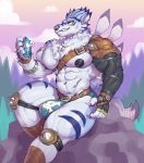  abs anthro bottomwear bulge canid canine cellphone clothed clothing digimon digimon_(species) ear_piercing knee_pads looking_at_viewer male mammal muscular muscular_male navel partial_nudity phone piercing scar shorts sitting solo sxfpantera topless weregarurumon 