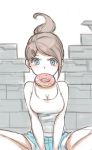  1girl asababa_kure asahina_aoi blue_eyes breasts brown_hair cleavage danganronpa danganronpa_1 dark_skin doughnut food hair_ornament hairclip ponytail short_hair shorts solo 