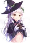  1girl absurdres black_gloves cropped_torso gloves hat highres hololive interlocked_fingers long_hair long_sleeves looking_at_viewer midriff murasaki_shion na_kyo navel orange_eyes simple_background smile solo white_background white_hair witch_hat 