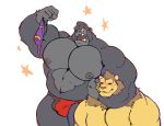  2019 abs anthro ape biceps big_muscles black_nipples black_nose blush briefs brown_hair bulge clothed clothing duke_(megawaffle) duo felid fur gorilla hair haplorhine hi_res huge_muscles kaiser_(megawaffle) lion male male/male mammal megawaffle_(artist) muscular muscular_male nipples pantherine pecs primate simple_background topless underwear underwear_only white_background wrestler yellow_body yellow_fur 