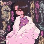  1girl black_hair bowl china_dress chinese_clothes dragon dress earrings eastern_dragon expressionless eyeshadow food fruit fur_coat jewelry makeup mole mole_under_eye moricky neon_lights noodles original panda peach short_hair solo translation_request upper_body yellow_eyes 