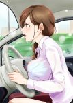  1girl bangs blush breasts brown_eyes brown_hair car collared_shirt commentary_request dragonoil driving earrings from_side ground_vehicle highres jewelry large_breasts long_hair low-tied_long_hair motor_vehicle office_lady open_mouth original shirt steering_wheel sweat swept_bangs tears thighs white_shirt 