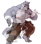  2019 anthro biceps big_muscles black_nose black_pawpads blood blue_eyes bodily_fluids bottomwear canid canine canis claws clothed clothing eyebrows fur grey_body grey_fur grin hi_res huge_muscles male mammal megawaffle_(artist) muscular muscular_male nipples pants pawpads pecs pink_nipples plantigrade simple_background smile solo thick_eyebrows topless white_background wolf wraps wrist_wraps 