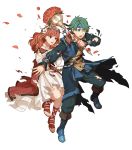  1boy 1girl alm_(fire_emblem) alternate_costume belt boots bouquet celica_(fire_emblem) earrings fire_emblem fire_emblem_echoes:_shadows_of_valentia fire_emblem_heroes flower full_body green_eyes green_hair hair_flower hair_ornament headband highres jewelry long_hair necklace official_art one_eye_closed open_mouth petals red_eyes red_hair sandals teeth torn_clothes transparent_background 